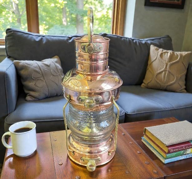 Antique Marine Brass Copper Lantern – Vintage Ship Oil Lamp with Clear Glass Lens for Nautical Home Décor, Collectors & Maritime Display