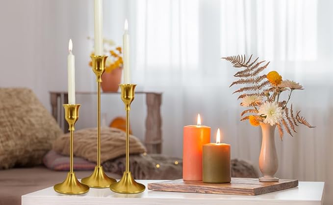 Candle Stick Holder Set of 3 - Gold Vintage Metal Taper Holders,Decorative Centerpiece for Table, Mantel, Wedding