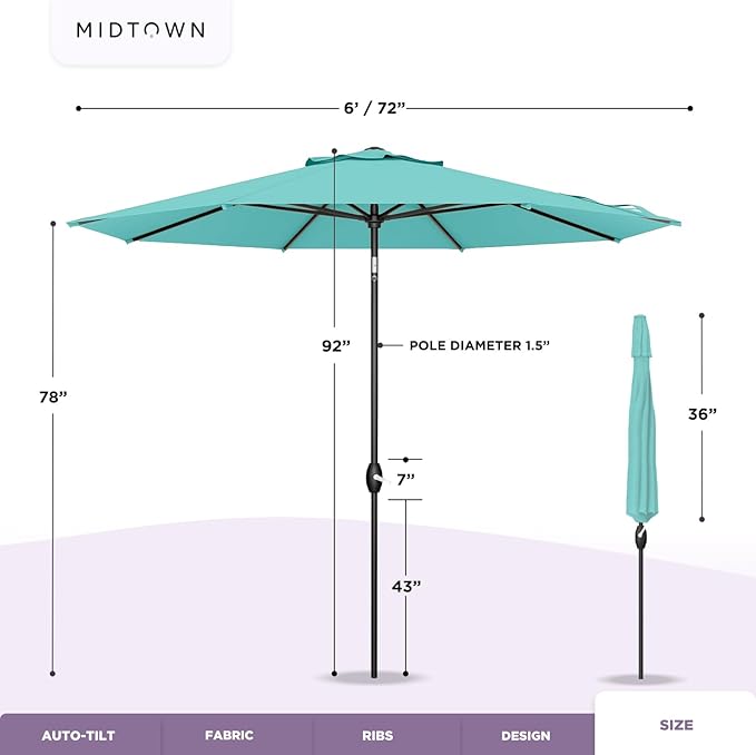 Midtown Umbrellas The Lean 6 Feet Outdoor Umbrella With Terylast Matter Stripes (Grey/White Stripes) Polyester Fabric - Auto-Tilt Aluminum Frame Patio Umbrella For Deck, Garden, Pool - Black Pole