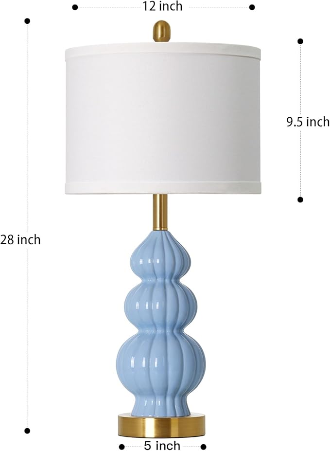 Blue Ceramic Lamps Set of 2, 26.5" Modern Table Lamps for Living Room, Classic Bedside Lamp with Triple Gourd, Elegant Bedroom Lamp for Night Stand Desk Side End Table Home Decor