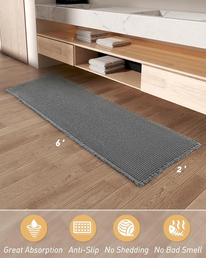 Upgraded Waffle Runner Rug Super Absorbent Non Slip Bath Mats for Bathroom Floor Machine Washable Bathroom Runner Rug with Tassels, Ideal for Hallway Bedroom Laundry Room, Dark Grey, 2'x 6'(24" x 72")