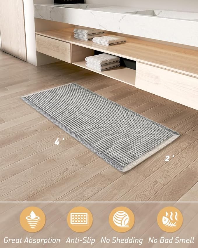 AMOAMI Upgraded Waffle Runner Rug Super Absorbent Non Slip Bath Mats for Bathroom Machine Washable Bathroom Runner Rug with Tassels, Ideal for Hallway Bedroom Laundry Room, 2' x 4', LightGrey & Cream