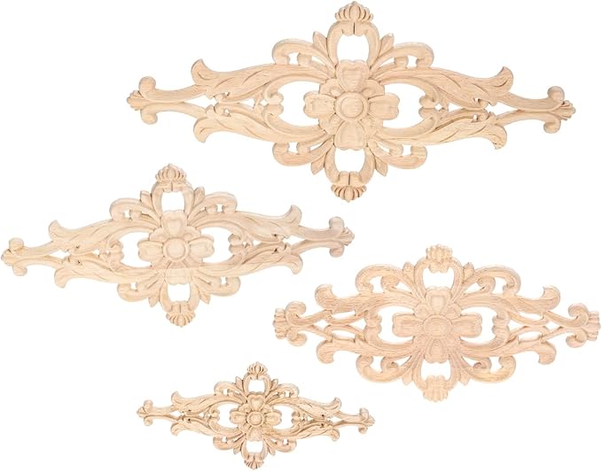 MUXSAM Wood Carved Appliques Furniture Decorative Onlays, 1Pc Unpainted DIY Center Carving Decal for Door Wall Ceiling Cabinet Dresser Mirror Bed Mantel Bench Decoration, 32x16cm/12.6"x6.3"