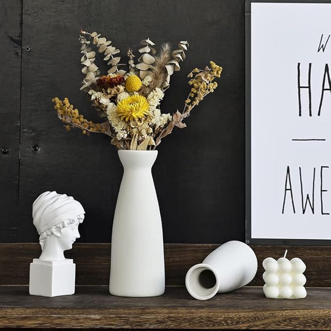 CEMABT White Ceramic vase Set-3 Small Flower vases for Decor,Modern Boho Farmhouse Home Decor,Decorative vase for Pampas Grass&Dried Flowers,idea Shelf,Table,Bookshelf ,Entryway- Distressed