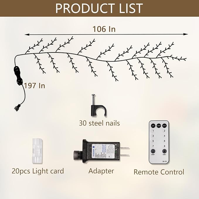 160 LED Plug In Vines Lights Room Decor with Remote, 8 Modes and Timer, Indoor Home Plants Flowers Tree Willow Lights, Artificial Tree for Walls Bedroom Living Room Kitchen Coffee Shop Decor(Black)
