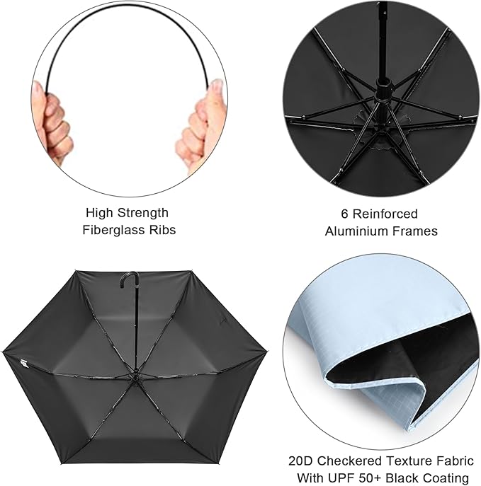 G4Free Mini Travel Umbrella UPF 50+ Ultralight Slim UV Protection Parasol, Windproof Compact Umbrella for Sun & Rain, Portable with J Hook Curved Handle Japanese Style for Women