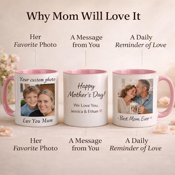 Personry Mothers Day Gifts Personalized Mug, Custom Coffee Cup with Pictures Words Logo, Elegant Ceramic Coffee Mugs for Mom, Best Gifts for Mom Birthday, New Mom Gifts 11oz(Pink)