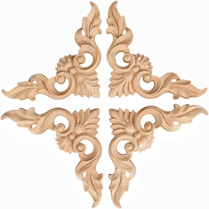 MUXSAM 4Pcs Wood Carved Appliques Onlays, Unpainted Little Wooden Corners Flower Carvings Decals for Mirrors Cabinets Walls Doors Chests Dressers Night Stand DIY Artwork Project, 15x15cm/5.9"x5.9"