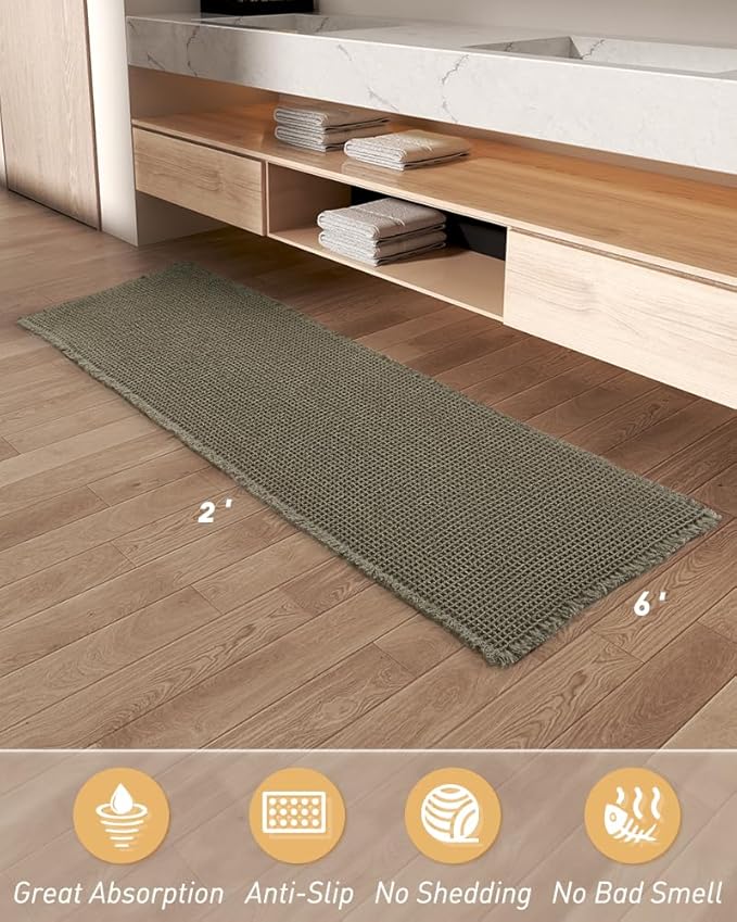 Upgraded Christmas Waffle Runner Rug Super Absorbent Non Slip Bath Mats for Bathroom Floor Washable Bathroom Runner Rug with Tassels, Ideal for Hallway Bedroom Laundry Room, Green, 2' x 6'(24" x 72")