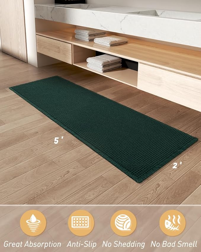 Upgraded Waffle Runner Rug, Super Absorbent Non Slip Bath Mats for Bathroom Floor Machine Washable Bathroom Runner Rug with Tassels Ideal for Hallway Bedroom Laundry Room, Dark Green, 2'x5'(24" x 60")