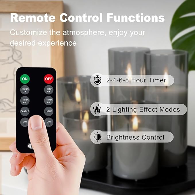 Rechargeable Flameless Candle, Flashing LED Pillar Real Wax Candle with Remote Control and Timer, Clear Glass Electronic Candles, 1 Set of 5(Gray)