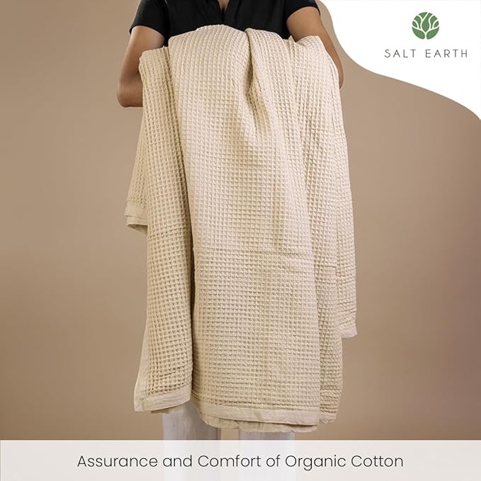 Salt Earth GOTS Certified 100% Organic Cotton Throw Blanket, 108" X 90" Waffle Blankets & Throws for Bed, Throw Blanket for Couch, Modern & Cozy Blanket, All Seasons, Comfy & Soft Blanket(Parchment)