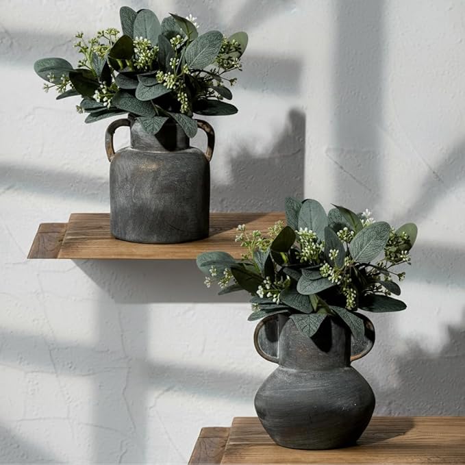 Antique Ceramic Vase with 2 Handles, 6.1 Inch Farmhouse Rustic Flower Vase, Small Vintage Terracotta Vases for Home Decor, Wedding, Living Room, Table, Shelf Decor, Black Bronze