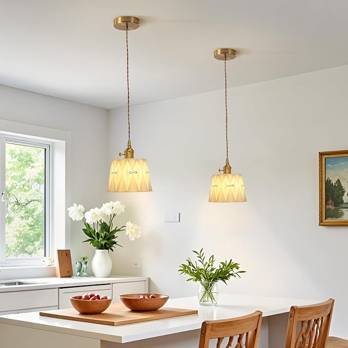 Vintage Ceramic Pendant Light, Mid Century Modern Hanging Lamp, White Ceramic Shade Brass Finish Ceiling Pendant Light for Bedside Dining Room Kitchen Island