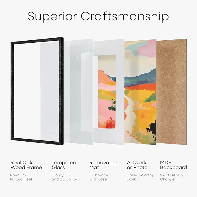 Homeforia 8x12 Black Picture Frame, High End Oak 8 x 12 Wood Frames with Mat 6 by 8 Print, 8by12 Wooden Frame Matted to 6x8 inch Photo, 12x8 Wall or Tabletop Frames, Tempered Glass, Wall Kit, Set of 3