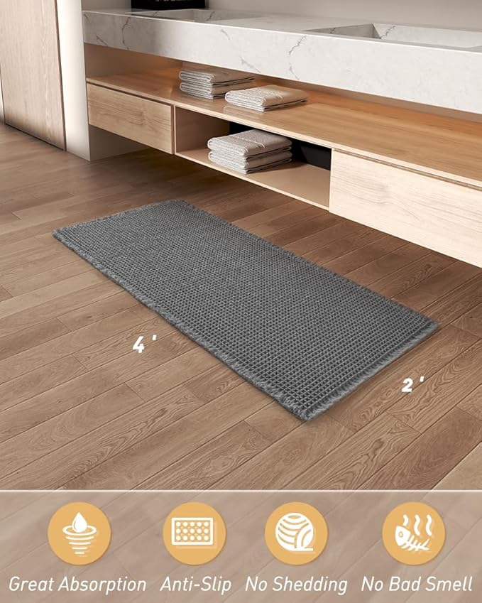 Upgraded Waffle Runner Rug Super Absorbent Non Slip Bath Mats for Bathroom Floor Machine Washable Bathroom Runner Rug with Tassels, Ideal for Hallway Bedroom Laundry Room, Dark Grey, 2'x 4'(24" x 48")