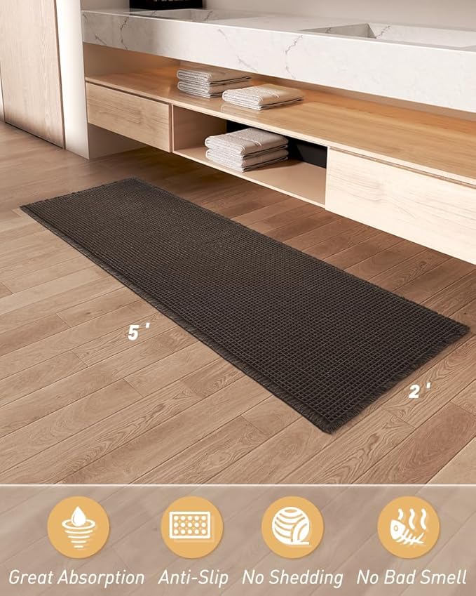 Upgraded Waffle Runner Rug Super Absorbent Non Slip Bath Mats for Bathroom Machine Washable Bathroom Runner Rug with Tassels, Ideal for Hallway Bedroom Laundry Room, Chocolate, 2'x 5'(24" x 60")