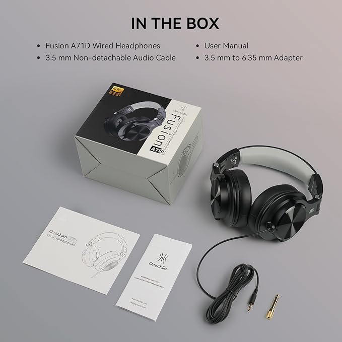 OneOdio A71D Wired Over-Ear Headphones, Studio Monitor Headsets, Hi-Res DJ Stereo Headphone with Foldable Design, 3.5/6.35MM Plug for AMP Recording Podcast Mixing PC Guitar - Black