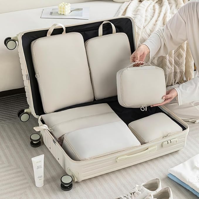 8-Piece Travel Compression Packing Cubes Set - Luggage Organizers for Suitcases - Space Saving Storage Bags for Clothes Travel Essentials (Beige)