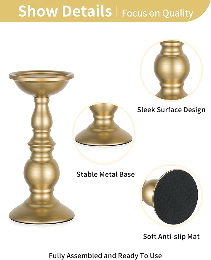 2 Pcs Gold Pillar Candle Holders, Gold Candlestick Most Ideal for 3" Pillar Candles, Gifts for Wedding, Party, Home, Spa, Reiki, Votive Candle (2 x S)