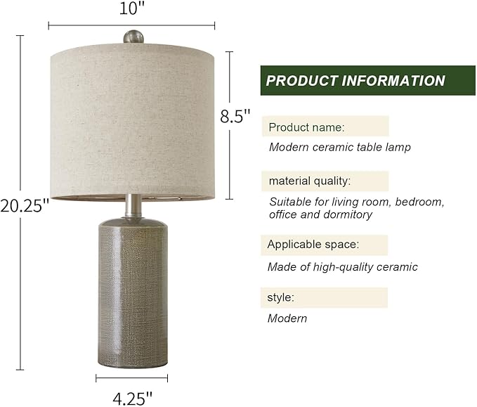 20.25" Small Table Lamps Set of 2 Modern Ceramic Lamps for Living Room Farmhouse Bedside Lamps Boho Lamps for Night Stands Grey Bedroom Lamp Side End Table Lamps