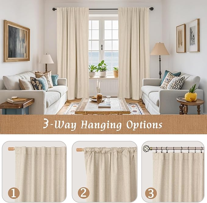 LAMIT 100% Blackout Natural Linen Curtains, 63 Inches Linen Textured Thermal Bedroom Curtains Back Tab and Rod Pocket Neutral Panels with White Liner for Farmhouse, 2 Panels, 52 x 63 Inch