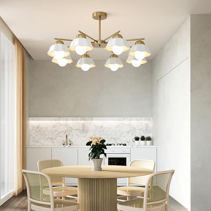 8 Lights Gold Sputnik Chandelier Light Fixture Large Mid Century Modern Milk Glass Sputnik Ceiling Lighting Fixtures Nordic Semi Flush Mount Ceiling Light Fixture for Living Room MCL08-8 GD