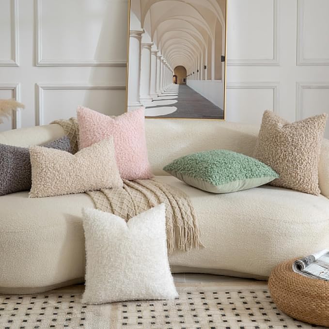 Yaertun Pack of 2 Faux Fur Throw Pillow Covers Decorative Sherpa Boucle Pillow Covers Fuzzy Soft Pillowcases Sheepskin Fleece Cushion Case for Couch Sofa Bed Living Room 24x24 Inch Cream White