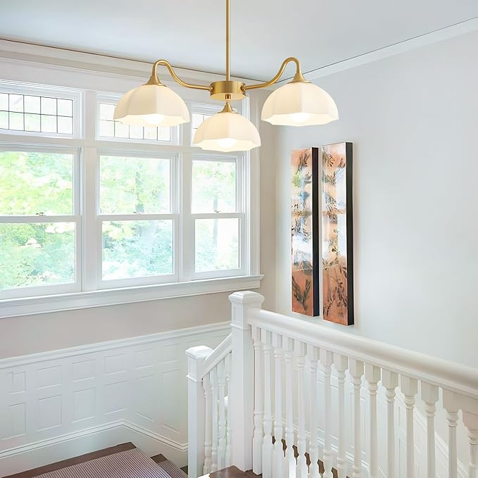 Mid Century Modern 3 Light Sputnik Chandeliers Retro Gold Milk Glass Chandelier Pendant Light Fixture Nordic White Ceramic Kitchen Island Hanging Lights Dining Room Ceiling Lamp MPL13-3 GD