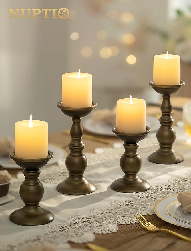 Bronze 2 Pcs Iron Pillar Candle Holders, Most Ideal for 3" Pillar Candles, Gifts for Wedding, Party, Home, Spa, Reiki, Votive Candle (2 x L)