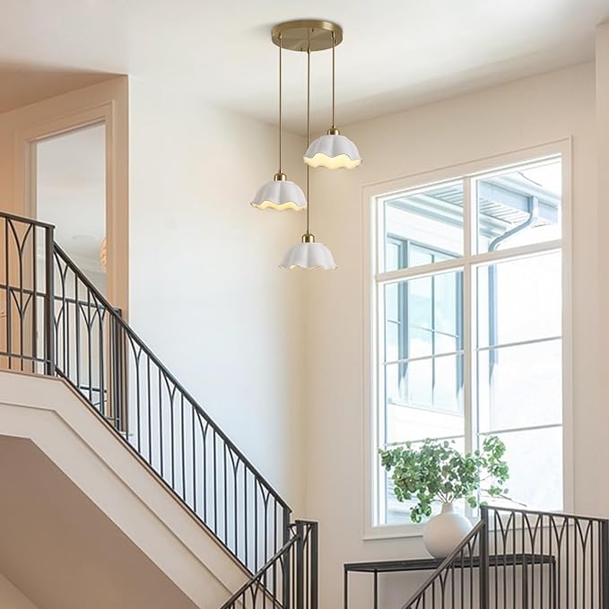 3-Light Pendant Light Modern Industrial Farmhouse Kitchen Island Light Brushed Brass Adjustable Hanging LampFixture White Ceramic Lights Fixture Nordic Glass Hanging Lamp MPL11-3R GD