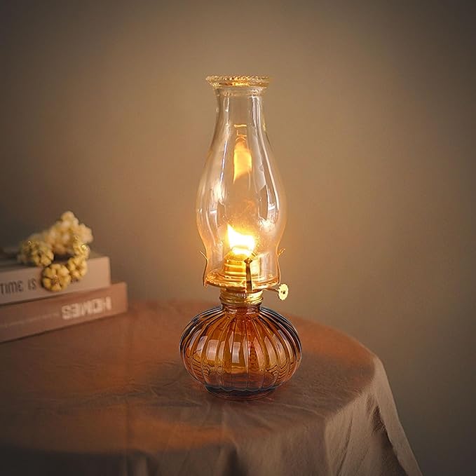 Large Oil Lamp for Indoor Use,Rustic Kerosene Lamp with 2 Pcs Wicks and 1 Tweezers,Glass Hurricane Lantern for Home Emergency Lighting (Brown)