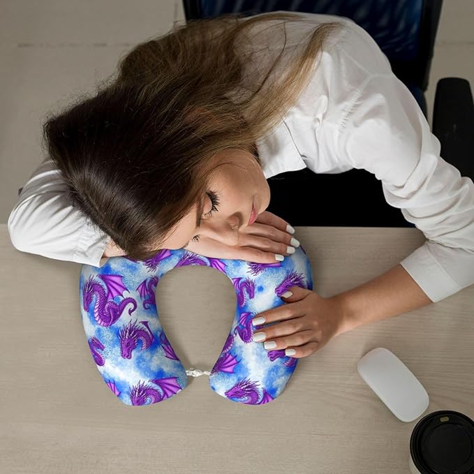 Breathable Neck Pillow for Sleeping Rest Nap Purple Dragon Art, Airplanes/Car/Home Memory Foam Travel Cushion with Polyester Cover Washable for Women Men