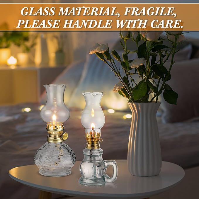 Yexiya 6 Pcs Chamber Oil Lamps Oil Lamp Vintage Glass Kerosene Lamp Bulk with Adjustable Fire Wick Rustic Clear Hurricane with 6.6 ft Extra Wick for Indoor Use Home Decor 8 Inch (Simple)