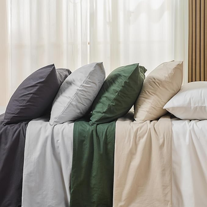 MEISHANG 100% French Pure Linen Sheets Queen Size - Bed Sheets 4 Piece Sets, Soft Durable Flax Linen, Anti-Tear Breathable Oeko-Tex Certified with 16" Deep Pocket (Linen)