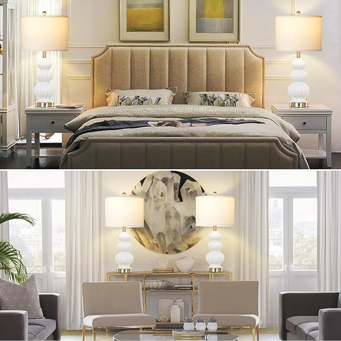 Triple Gourd Ceramic Table Lamps Set of 2, Modern White Bedside Lamps with Rotary Switch, Contemporary Nightstand Lamps for Bedroom Living Room