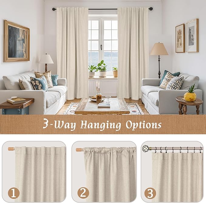 LAMIT Linen Full Blackout Window Curtains for Bedroom, 54 Inches Thermal Farmhouse Curtains Back Tab and Rod Pocket Privacy Protected Burlap Panels with White Liner, 2 Panels, 52 x 54 Inch, Oatmeal