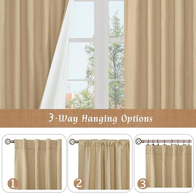 LAMIT Natural 100% Blackout Linen Curtains, 63 Inches Linen Textured Thermal Bedroom Curtains Back Tab and Rod Pocket Burlap Panels with White Liner for Farmhouse, 2 Panels, 52 x 63 Inch, Burlap