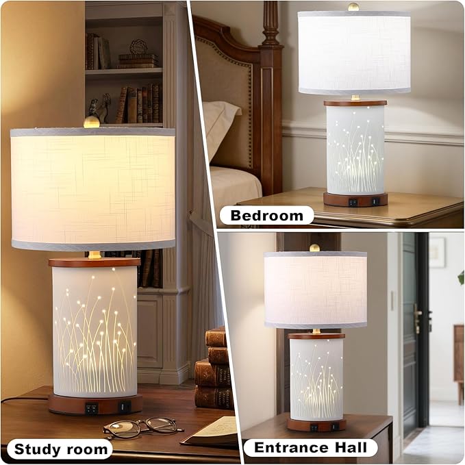 Set of 2 Ceramic Table Lamps with 3 Color Temperatures, Nightstand Table Lamps with AC Outlet, USB A & C Charging Port, Bedside Lamps for Living Room, Bedroom, Office Reading, Walnut
