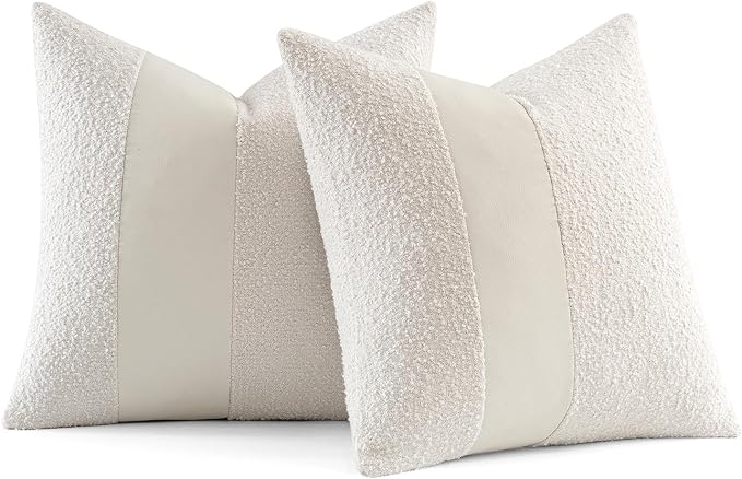 MIULEE Boucle Throw Pillow Covers 20x20 Inch Set of 2 White Faux Leather Textured Decorative Pillow Cases Boho Farmhouse Accents Cushion Covers for Couch Bed Livingroom Home Decor