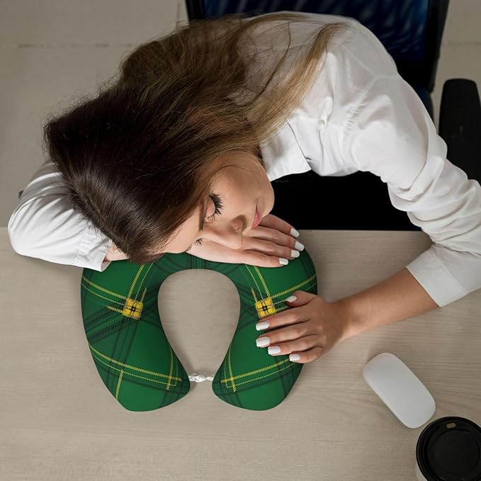 Travel Pillow for Men Women, Washable Relax U Shaped Neck Pillows for Car Head Pain Relief Sleeping Green Scottish Tartan Plaid