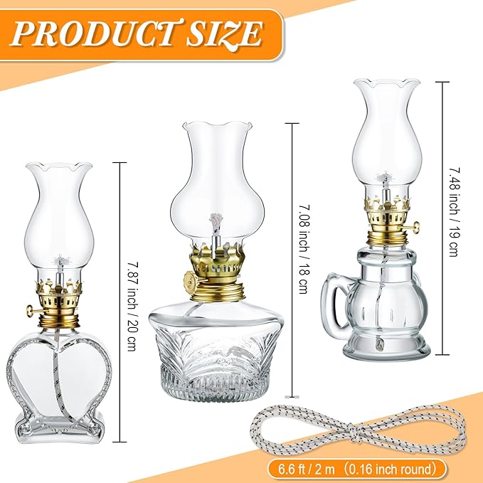 Yexiya 6 Pcs Chamber Oil Lamps Oil Lamp Vintage Glass Kerosene Lamp Bulk with Adjustable Fire Wick Rustic Clear Hurricane with 6.6 ft Extra Wick for Indoor Use Home Decor 8 Inch (Heart)
