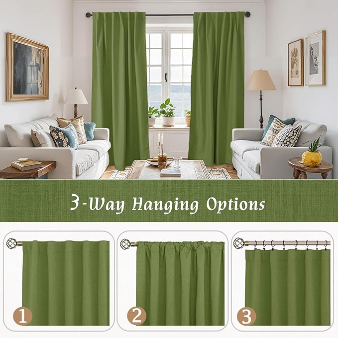 LAMIT 100% Blackout Linen Curtains, 68 Inches Linen Textured Thermal Bedroom Drapes Back Tab and Rod Pocket Christmas Panels with White Liner for Living Room, 2 Panels, 52 x 68 Inch, Olive Green