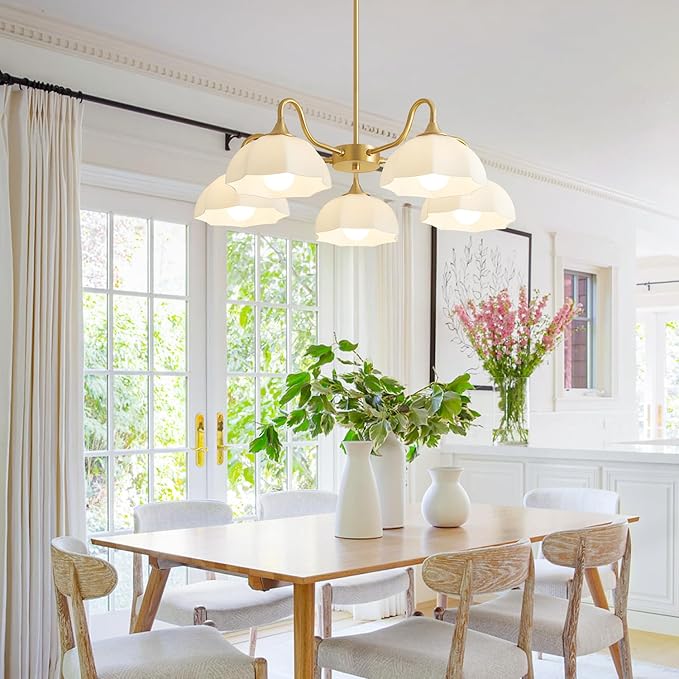 5 Light Modern Gold Chandelier Milk Glass Sputnik Pendant Light Mid Century Nordic White Ceramic Kitchen Island Hanging Lights Dining Room Lighting Fixtures Over Table Chandelier MPL13-5 GD