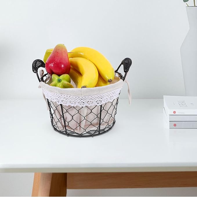 Housoutil Wire Basket with Fabric Liner and Handle, Rustic Metal Storage Basket for Bread, Candy, and Fruit, Multi-use Organizer for Kitchen and Table Decor