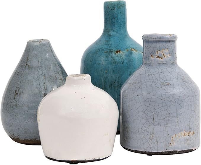 Creative Co-Op Blue & Ivory Terracotta Vases (Set of 4 Sizes)