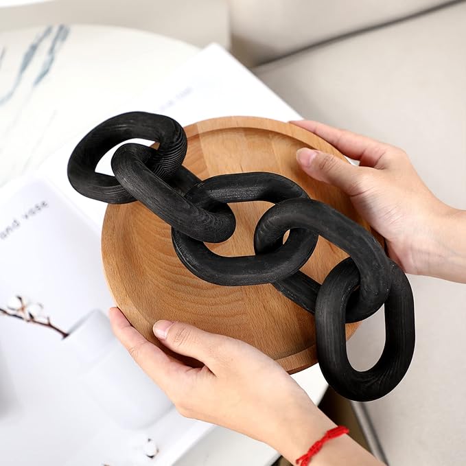 Queekay Decorative Wood Chain Link Decor Rustic Wooden 5 Link Wooden Chain Decor Ornament Farmhouse Home Decoration Hand Carved Wood Crafts Ornaments for Coffee Table(Black)