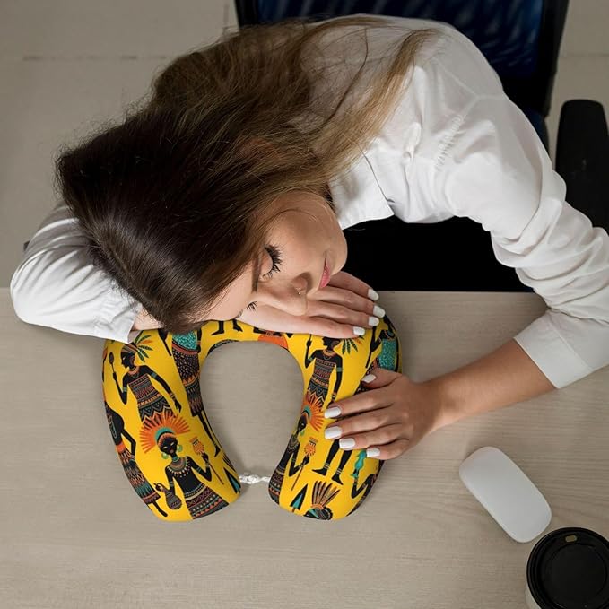 Neck Travel Pillow, Breathable Memory Foam Chin & Head Support Cushion Traditional African Women Art Yellow for Airplane Car Sleeping Rest