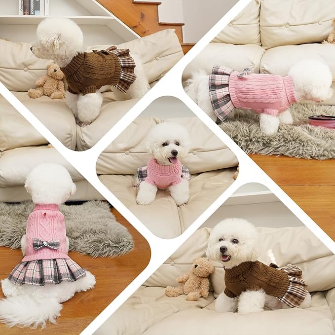 YUDODO Small Dog Sweater Dress with Bowtie Turtleneck - Knitted Pet Girl Dog Winter Clothes - Pet Warm Sweater for Puppy Yorkies, Chihuahua (S Brown)