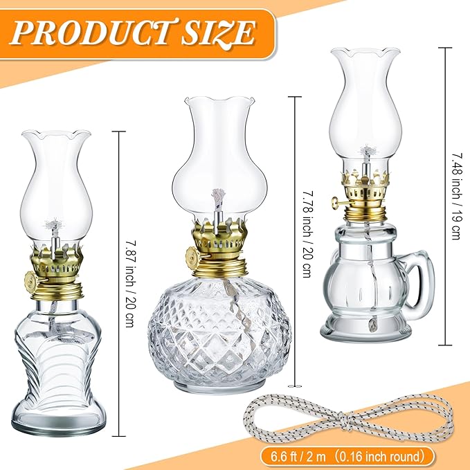Yexiya 6 Pcs Chamber Oil Lamps Oil Lamp Vintage Glass Kerosene Lamp Bulk with Adjustable Fire Wick Rustic Clear Hurricane with 6.6 ft Extra Wick for Indoor Use Home Decor 8 Inch (Delicate)